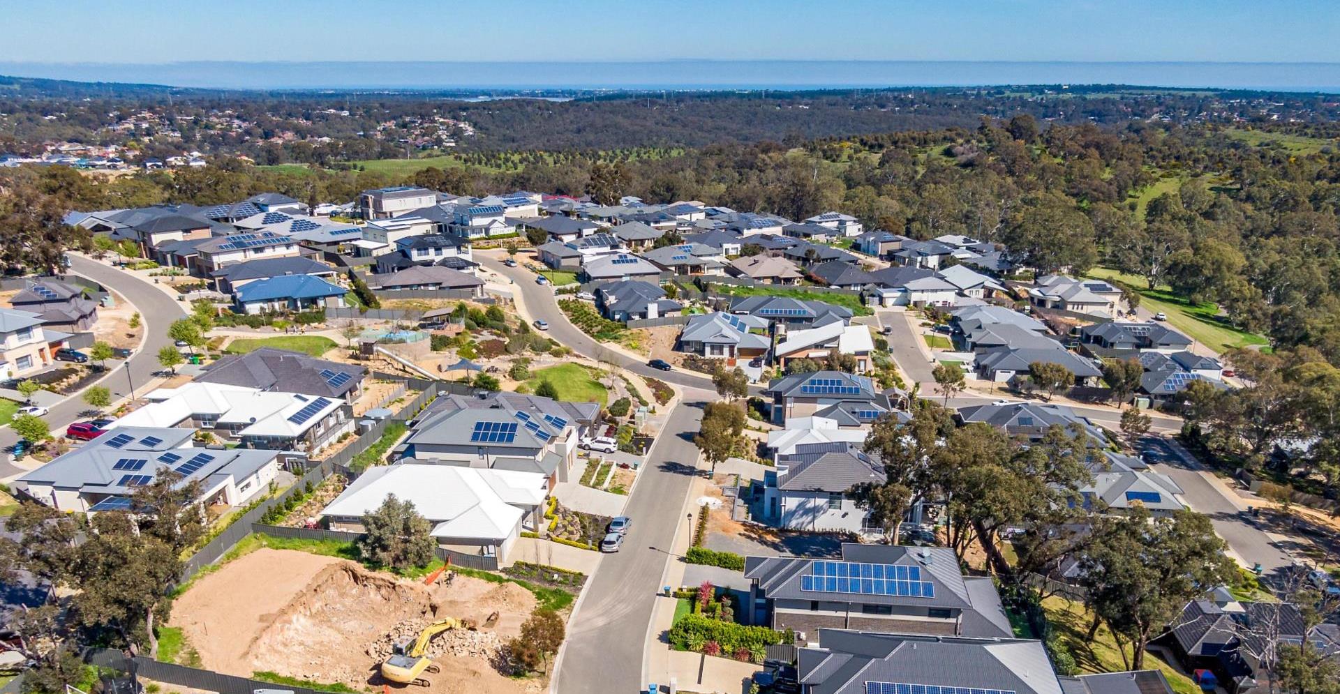 Aerial view of new wealthy homes in Adelaide foothills