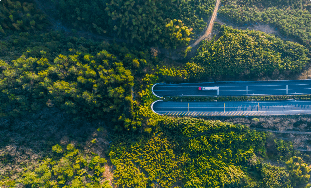 Aerial view showcasing a winding highway surrounded by lush green forest, highlighting the natural beauty of the landscape.