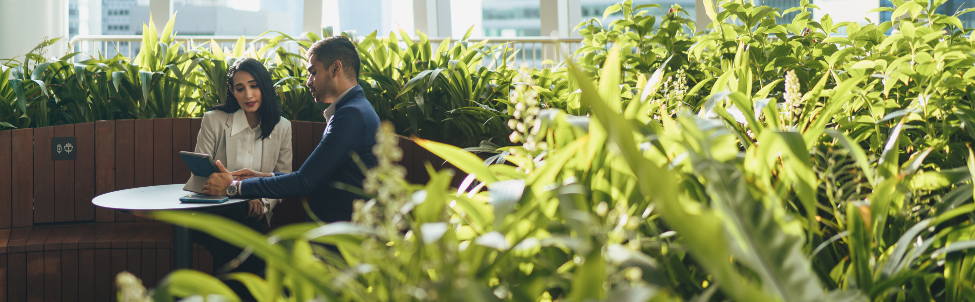 Two individuals seated in a room adorned with various plants, creating a serene and inviting atmosphere.