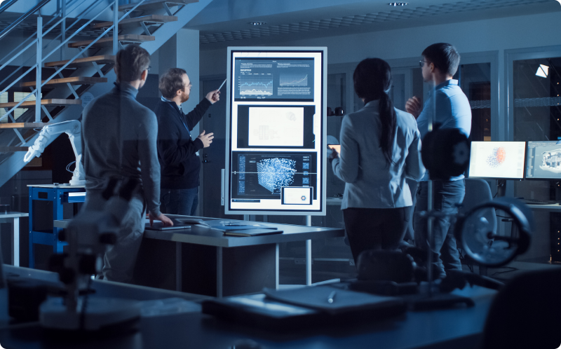 Project Manager Does Motivational Presentation or Team of Electronics Development Engineers, he Uses Digital Whiteboard with Neural Network, AI and Machine Learning.