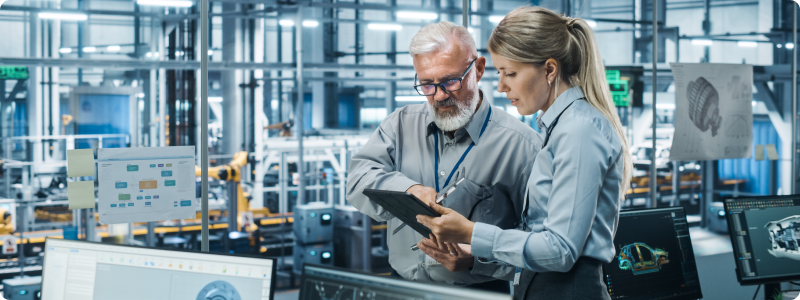 Two factory workers reviewing information on a tablet, collaborating on tasks in a manufacturing environment.