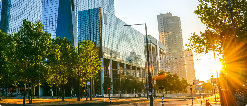 A bustling city street lined with tall buildings and lush trees, showcasing urban life and greenery in harmony.