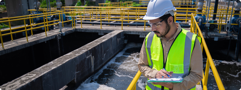 A man in a hard hat and safety vest writes on a clipboard, ensuring safety protocols are followed.