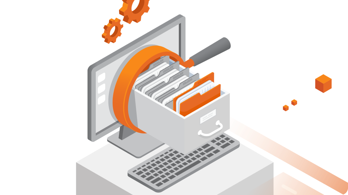 Illustration of computer, showing a drawer of files and folder.