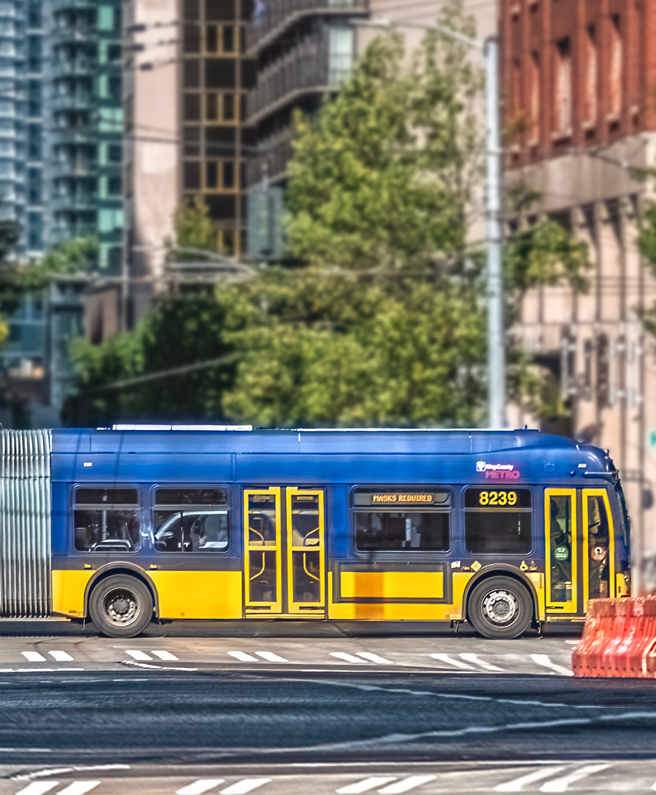 Blue city bus on street