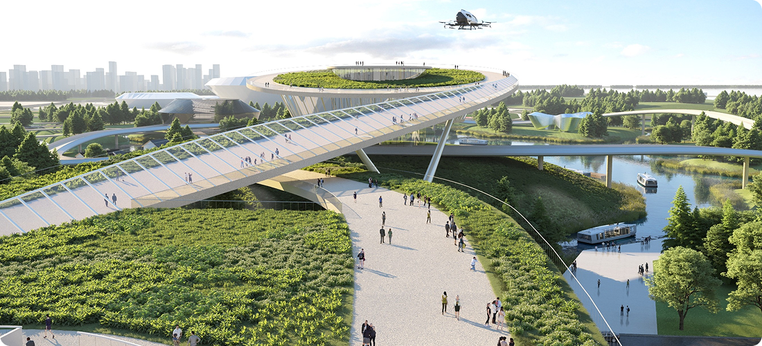 A futuristic bridge with pedestrians walking across, showcasing modern design and urban life.