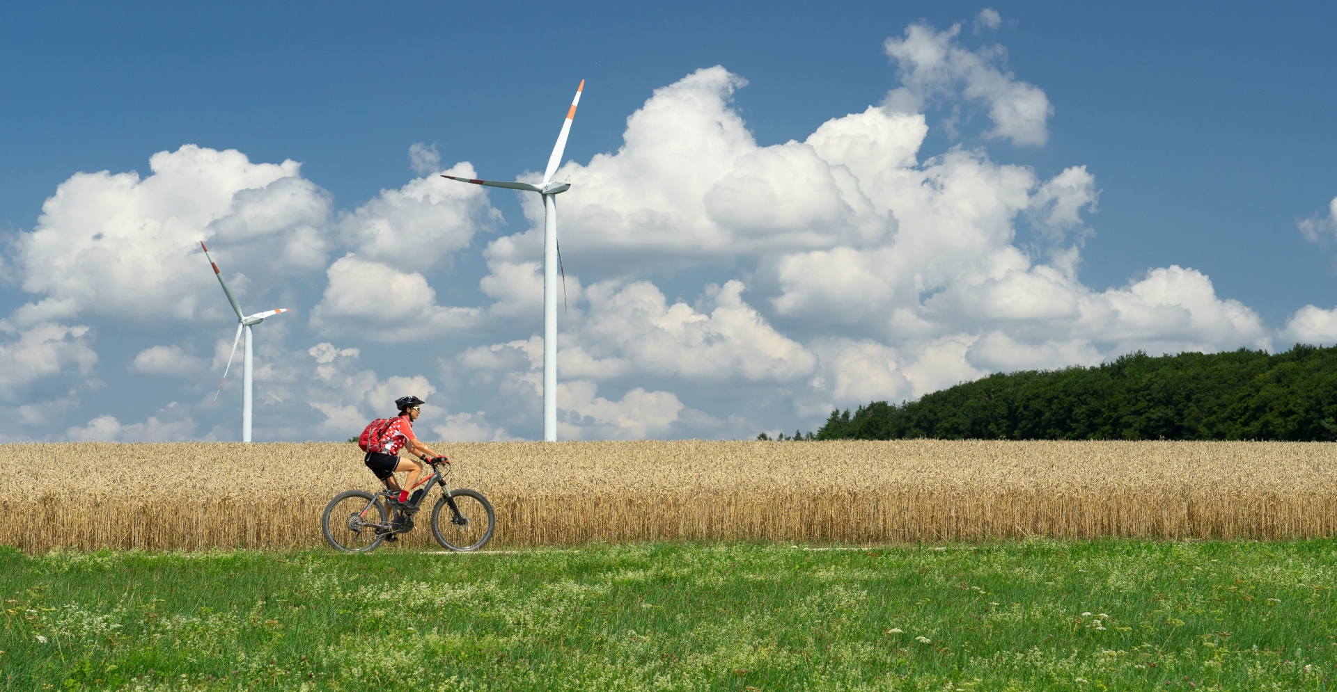 Wielrenner die langs windturbines fietst.