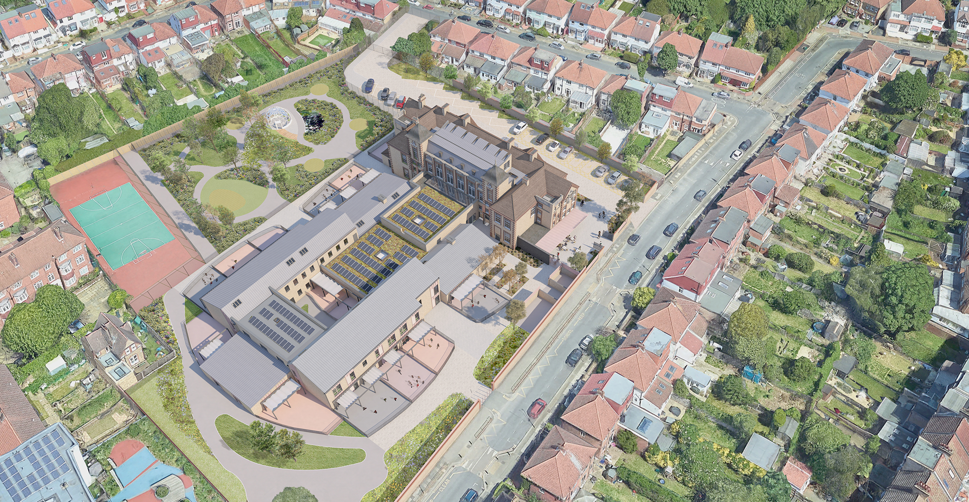 Aerial view of a residential neighborhood featuring a tennis court surrounded by houses and greenery.