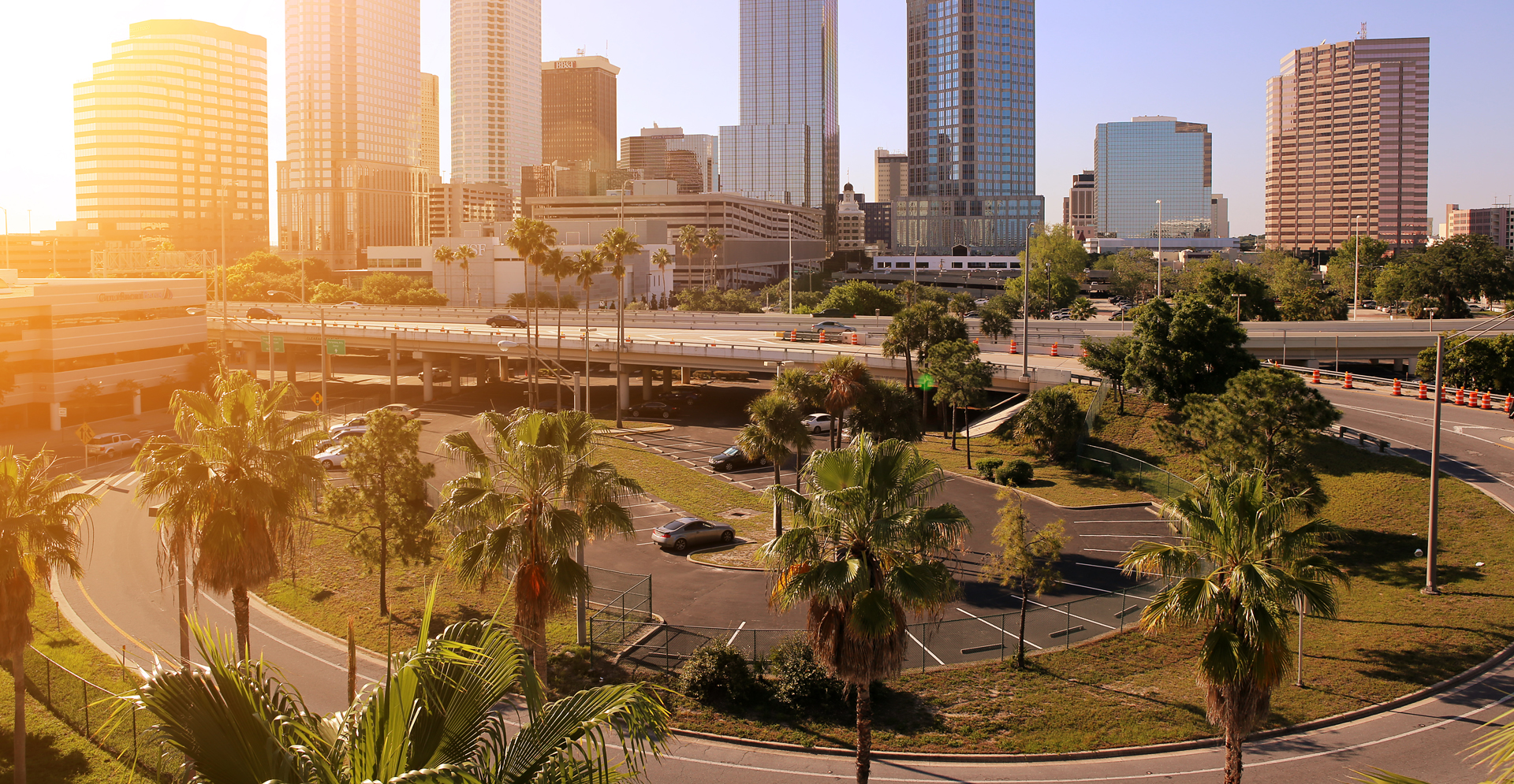 A scenic view of a city street adorned with palm trees, merging into a highway, highlighting the blend of nature and urbanity. Skyline of Downtown Tampa, Florida, US