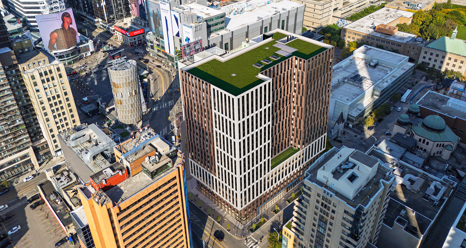 Architectural rendering of a new corner building, highlighting its contemporary style and urban integration.