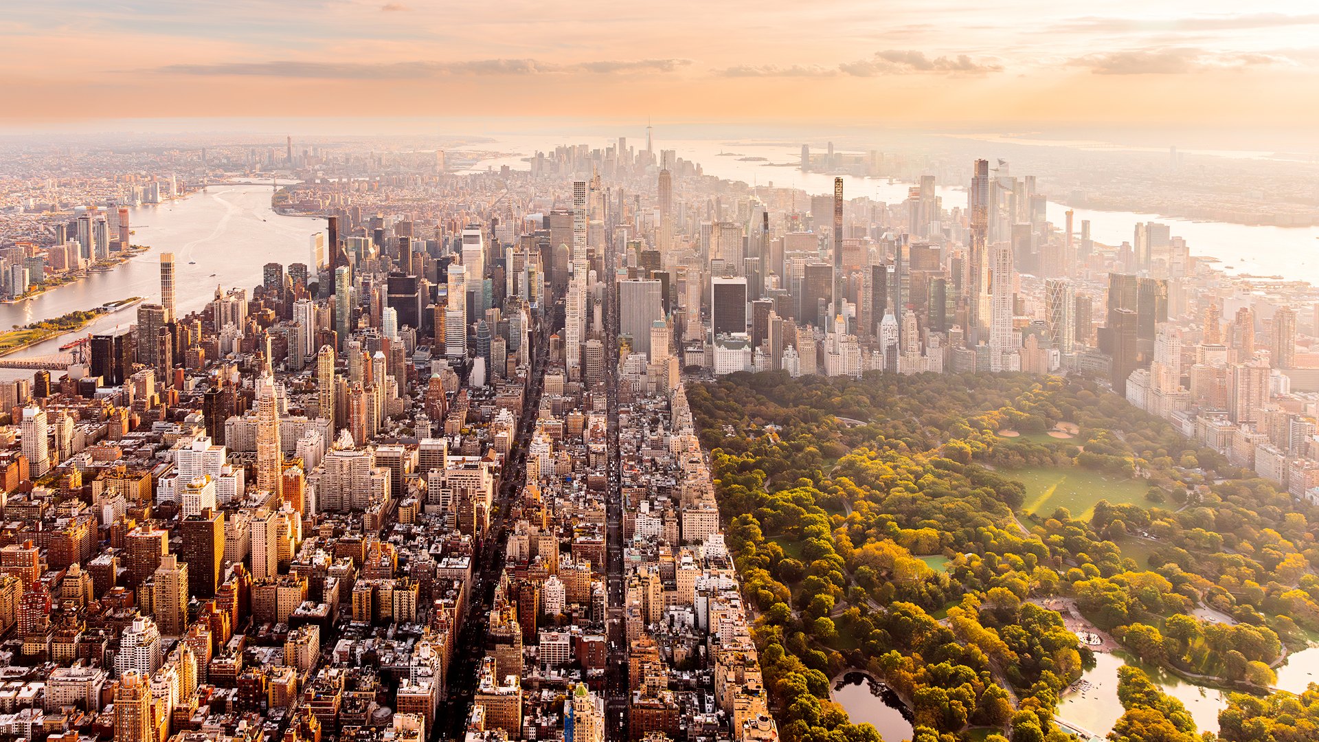 Bird's-eye view of the city, featuring a mix of skyscrapers and residential areas against a bright horizon.