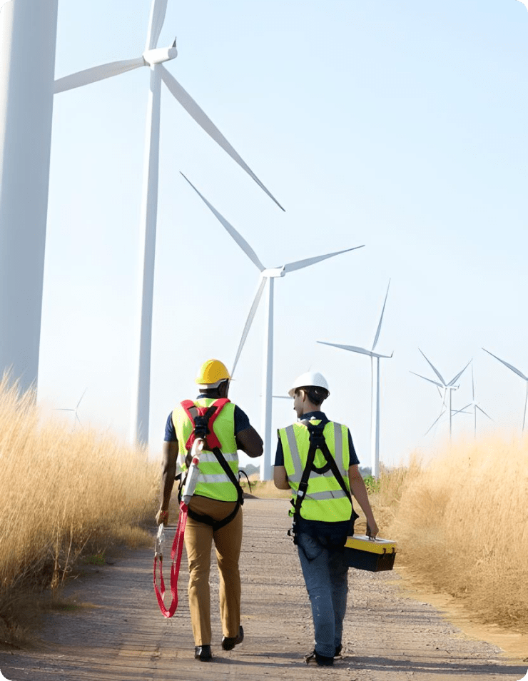 Two men in bright safety vests walking on a dirt road, with a natural landscape of grass and trees around them.