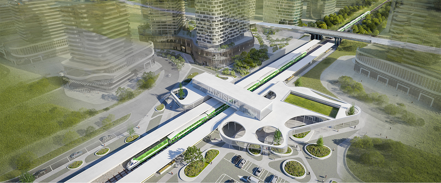 A futuristic cityscape featuring sleek buildings and a prominent train track weaving through the urban environment.