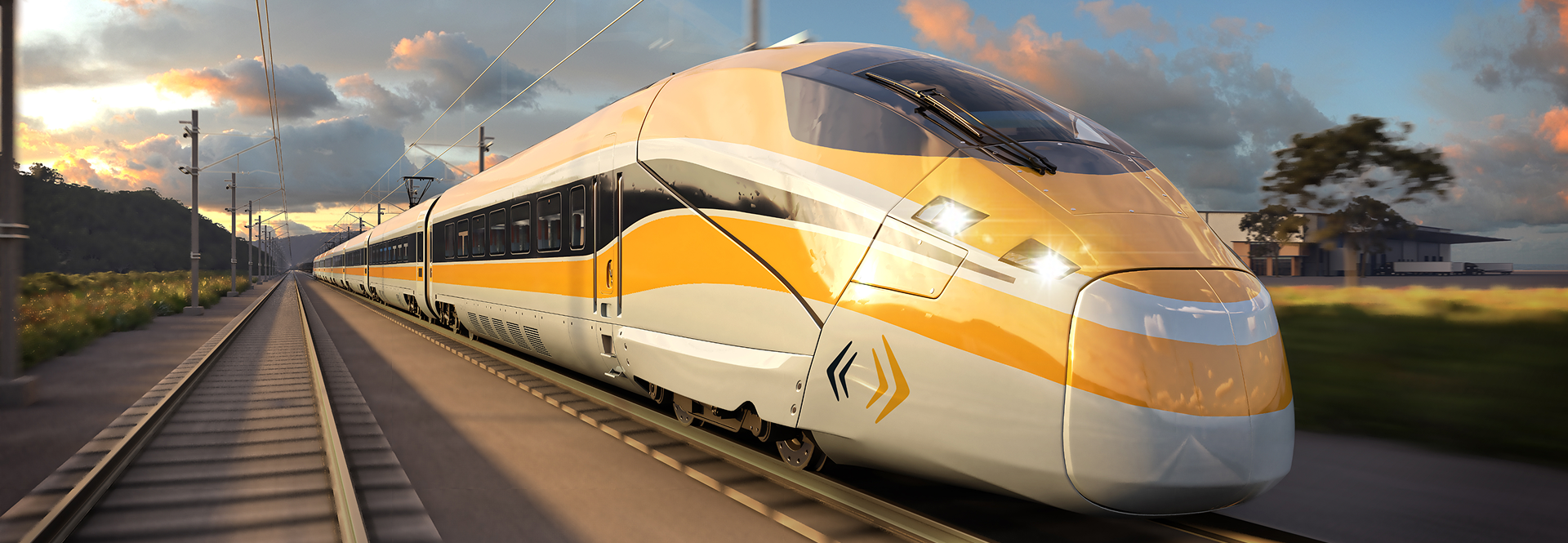 A high-speed train swiftly travels along the tracks, showcasing its sleek design and dynamic motion.