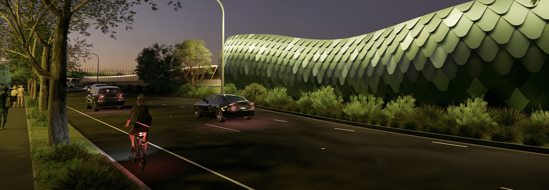 Rendering of a new road alongside a dedicated bike path, showcasing modern infrastructure for vehicles and cyclists.