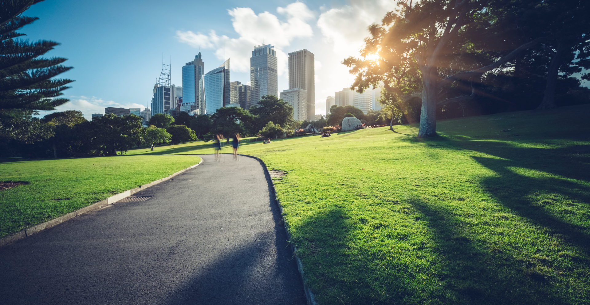 A tranquil park pathway surrounded by lush greenery, with towering buildings visible in the background, blending nature and city life.