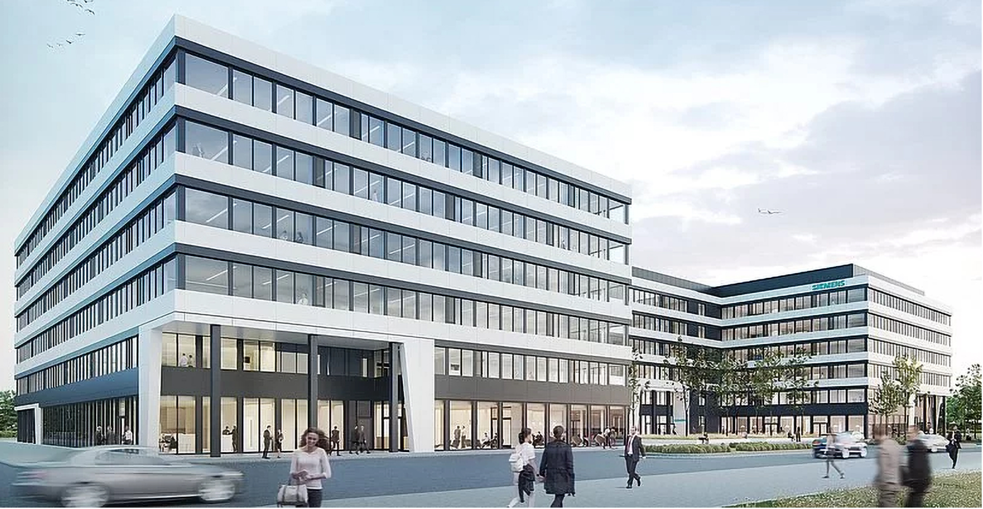 Architectural rendering of a modern office building with vehicles and people walking.