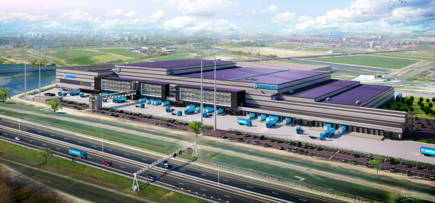 Distributiecentrum Hoogvliet in Bleiswijk Visualisatie vanuit lucht van distributiecentrum Hoogvliet in Bleiswijk
