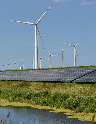 Solar panels and wind turbines stand in a grassy field, showcasing renewable energy sources in a natural landscape.