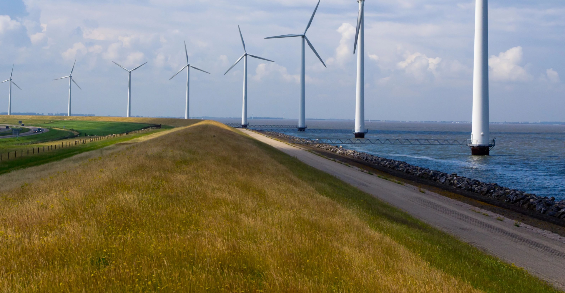Windmills by a field of grass and body of water
